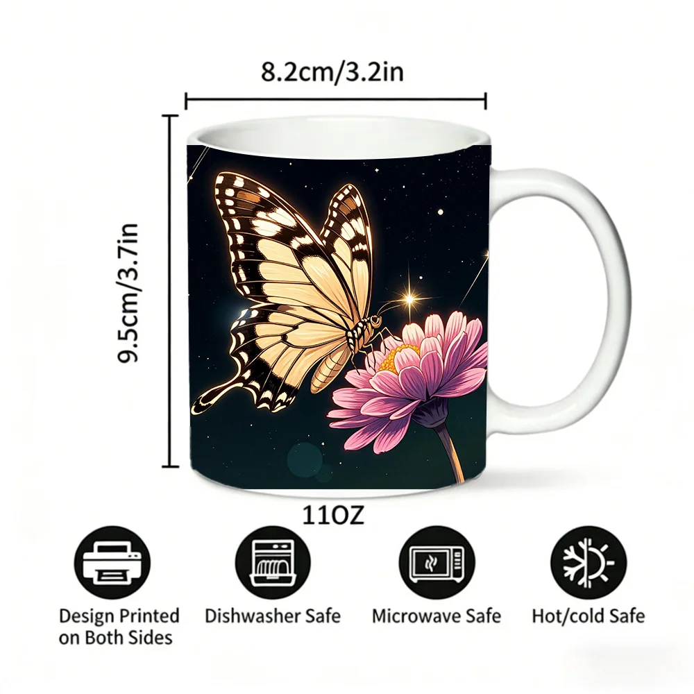 Starry Night Butterfly & Flower Ceramic Mug, Dreamy Magical Coffee Cup, Milk Cup, Drinking Cup, Gift for Friends, Fade-Resistant