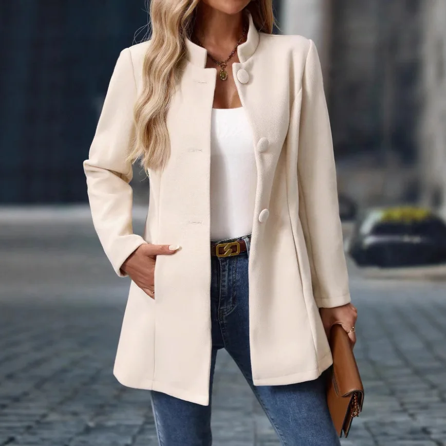 Manteau en Laine Mi-Longue Élégant pour Femme, Col Montant, Taille Cintrée, Amincissant, Design Polyvalent pour le Quotidien, Style Mature et Distinctif
