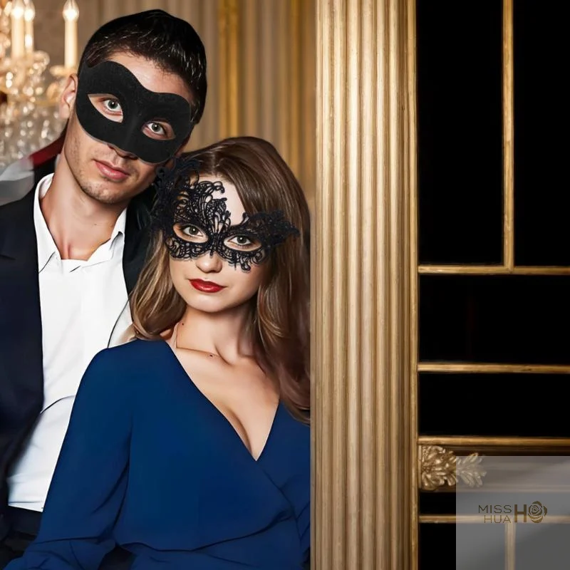 

Set of 2, Couple's Elegant Black Lace Masquerade Masks for Costume Parties