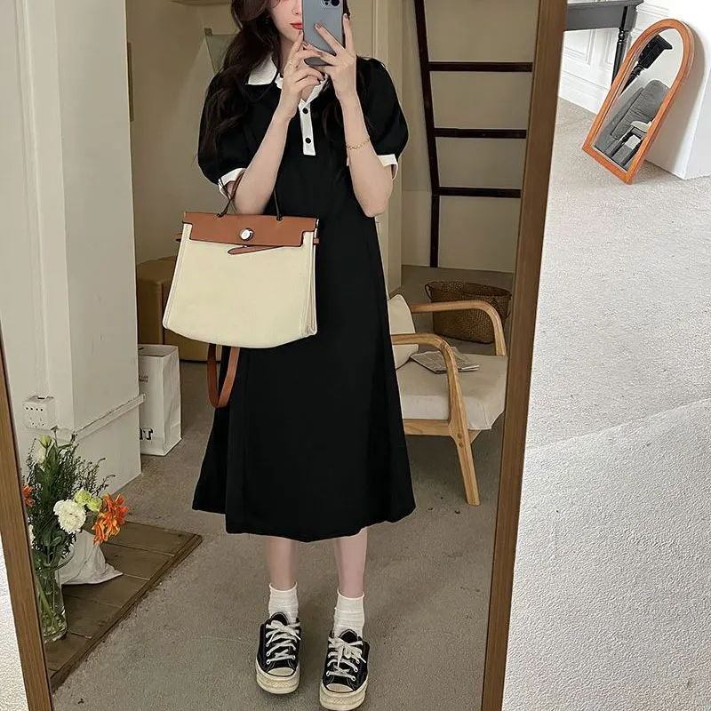 

Summer Sweet Short Sleeve Midi Dress Korean Contrasting Colors Spliced Female Clothing A-Line Casual Polo-Neck Button Dresses