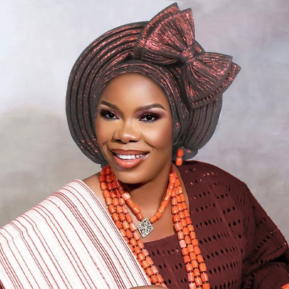 ربطة رأس أفريقية Aso Oke Auto Gele مصنوعة بالفعل قبعة توربا نيجيرية للنساء غطاء رأس بونيه لحفلات الزفاف أغطية الرأس بونيه الحجاب #3