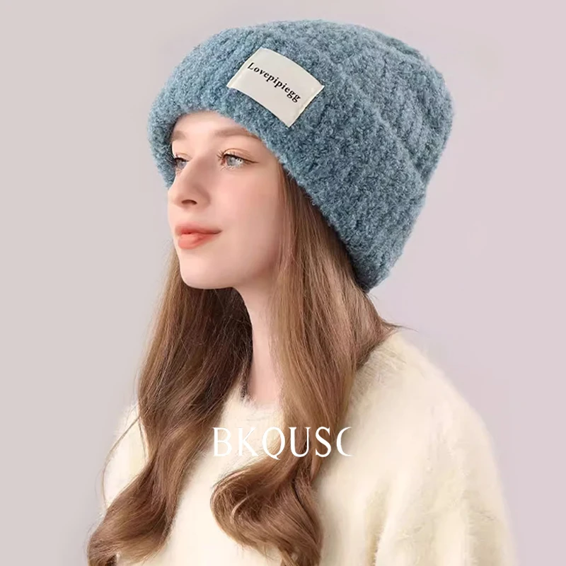 Soft Coarse Wool Knitted Stylish Skullies & Beanies Winter Warm 55-60cm Head Letter Label Elastic Thick Fluffy Kniting Bonnet