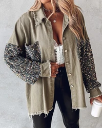 Autumn Jacket for Women Lapel Pocket Loose Coat Vintage Long Sleeve Contrast Sequin Raw Hem Shacket Patchwork Single Breasted