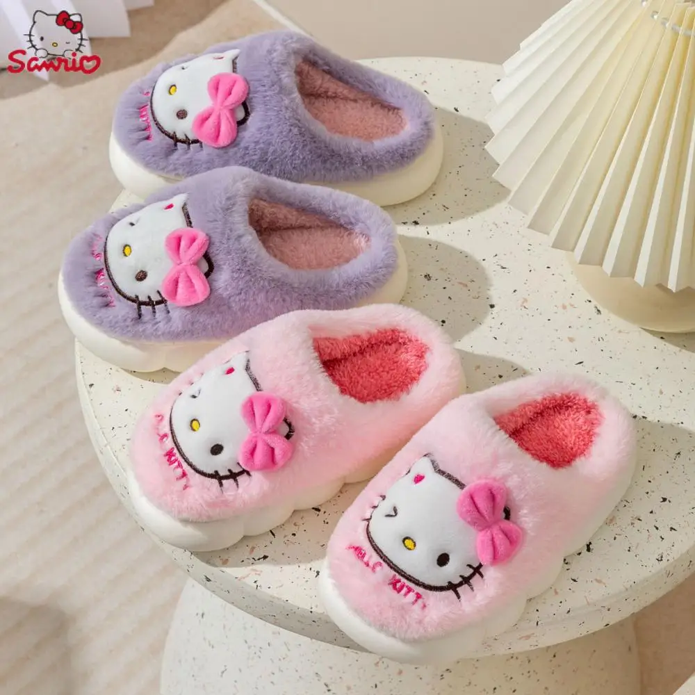 Cartoon Sanrio Hello Kitty Kawaii puszyste 3D urocze kapcie damskie zamsz bawełna kapcie płaskie grube dno zimowe miękkie kapcie domowe