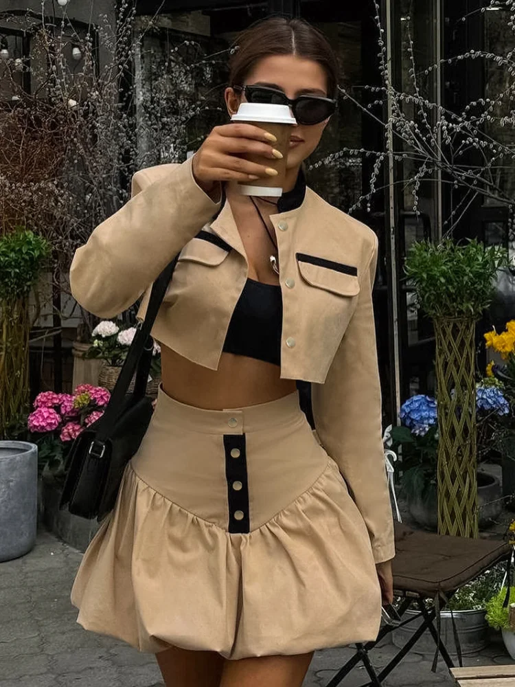 

Khaki Street Suits Autumn Sexy Spice Girl Long-Sleeved Patchwork Short Trench Coat+High Waist Bud Skirts Sexy 2-Piece Set Women