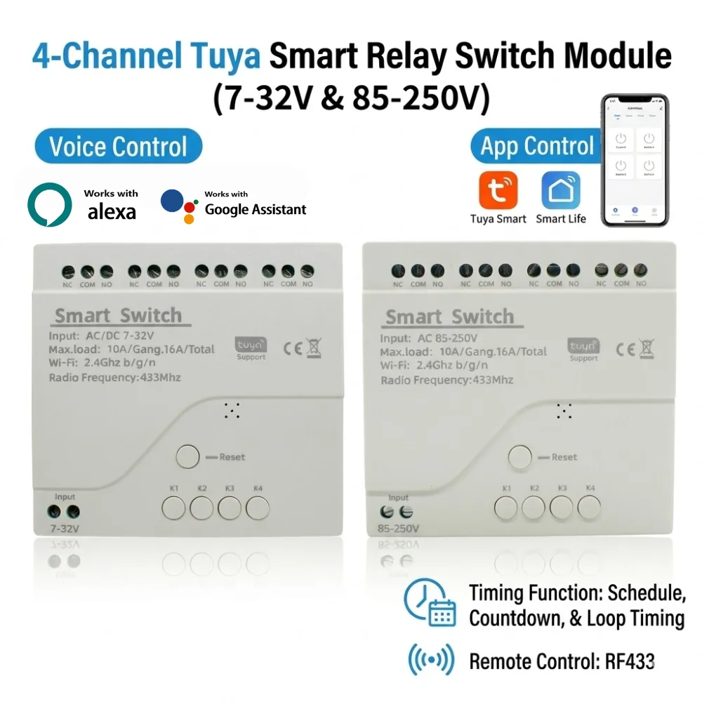 Tuya 4CH WiFi Wireless DIY Switch 7-32V 85-250V 220V 110V 10