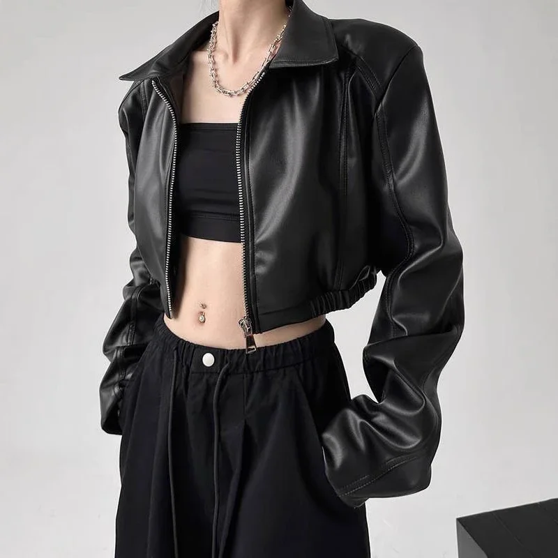 

Long-sleeved Lapel Leather Jackets Female Spring Autumn Sweet Cool Girl Motorcycle Jacket Black Short Streetwear Retro Top XQ16