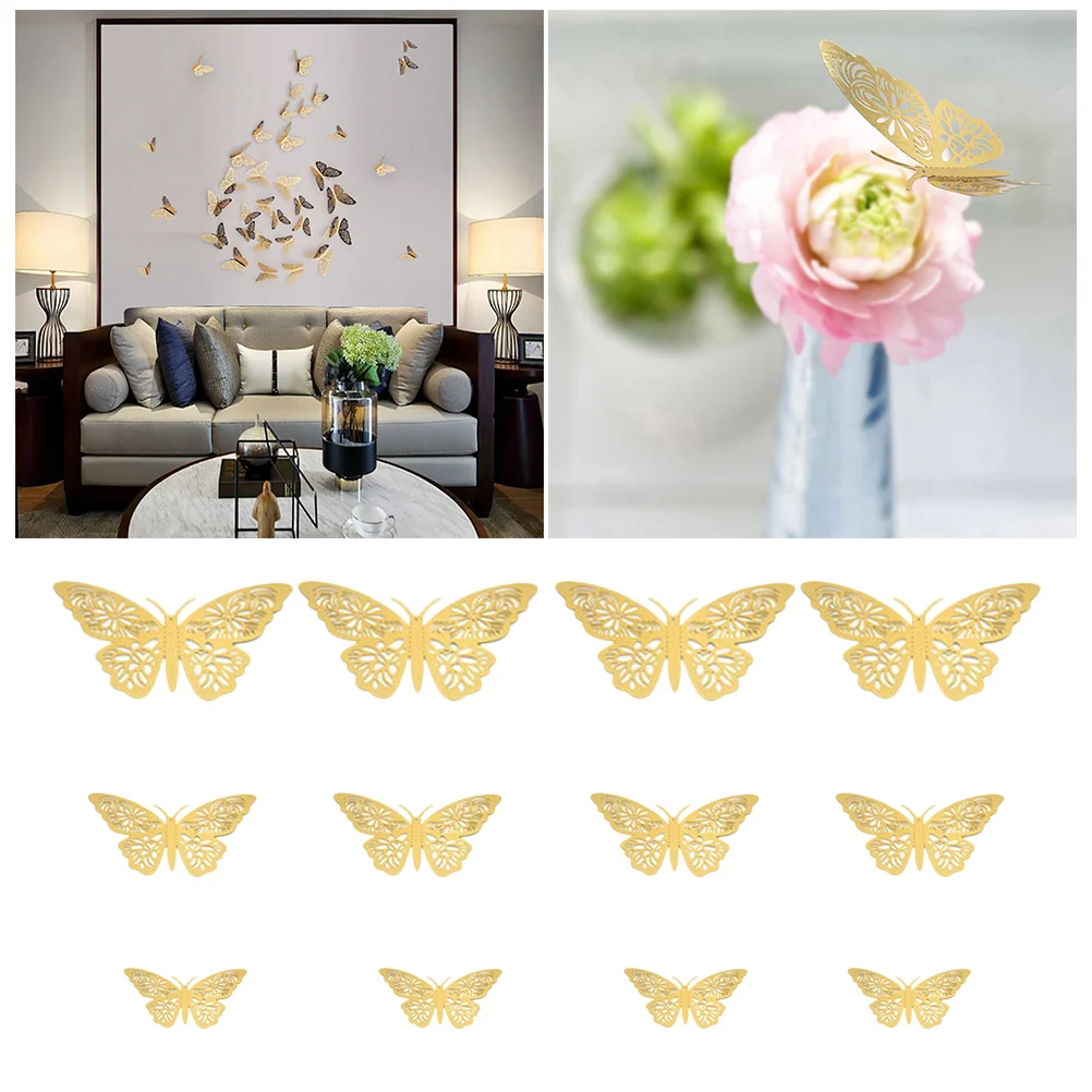 

12pcs Metal Butterfly Wall Stickers 3D Hollow Design Home Decor Wall Art For Living Room Bedroom Wedding Party Christmas