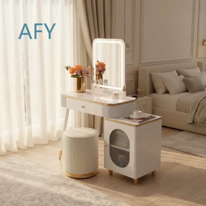 Wholesale Luxury White LED Vanity Desk Set Dressing Table with Side Cabinet CE Certified for Bedroom Hotel for iPhone for