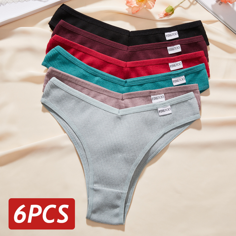  6PCS Women Waffle Cotton Panties Sexy V-Waist Underwear Mluti-Colors Female High Elasticity Brazilian Panties Bikini Lingerie 