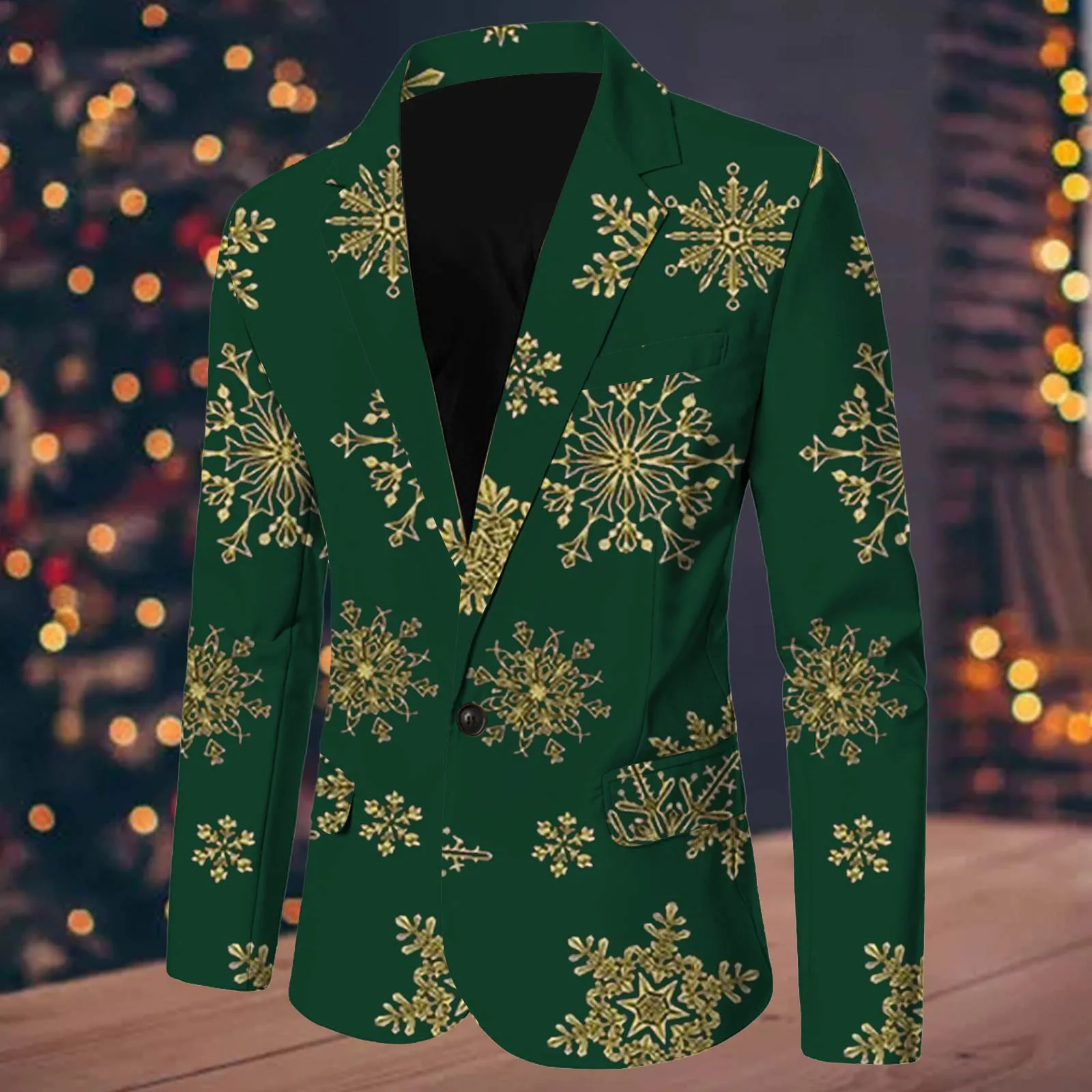 Christmas Snowflake Full Printed Jacket Pocket Lapel Collar Single Button Suit Coat Fashionable Elegant Formal Blazer Men