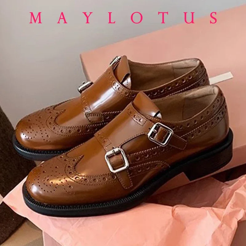 British Style Genuine Leather Loafers Women Shoes New Exquisite Handmade Carved Shoes Baroque Thick Heels Single Shoes