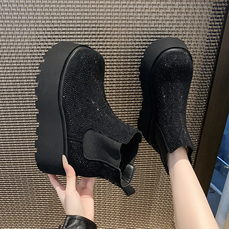 Quality Crystal Platform Ankle Boots Women's High Heels Luxury Shoes Winter Fad Elegant Chelsea Boots New Dress Cozy Mujer Botas view 5