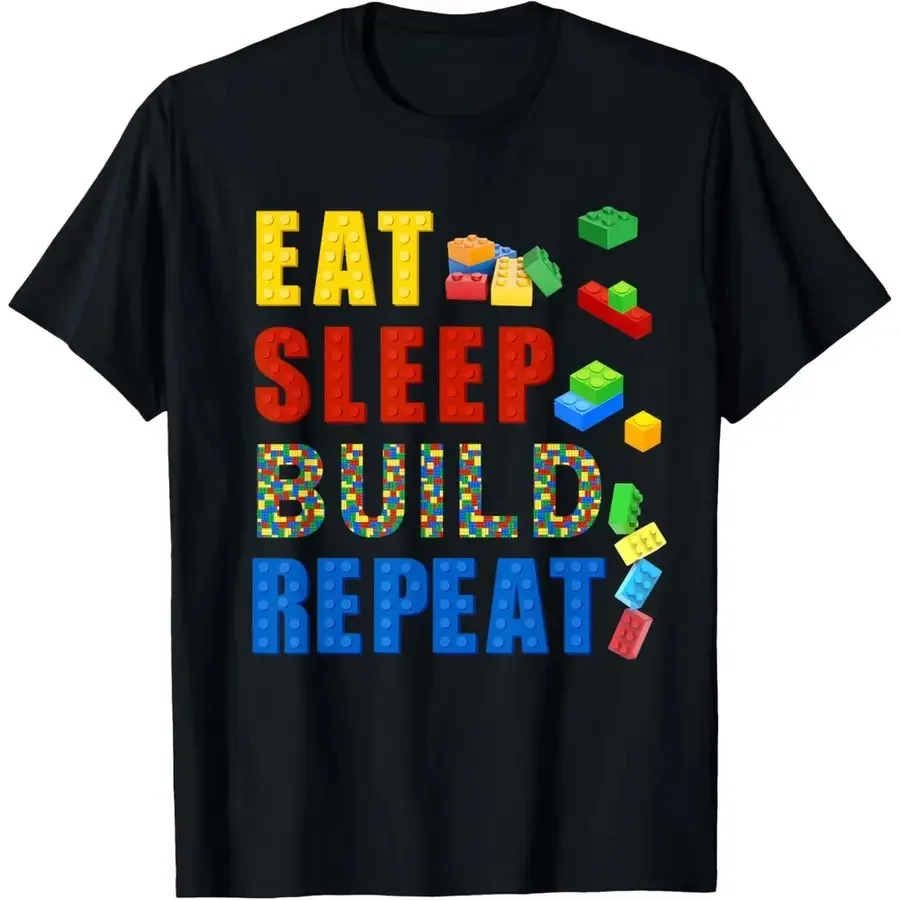 

【New Arrival】Unisex "Eat Sleep Build Repeat" Funny Building Blocks Graphic T-Shirt Casual Short Sleeve Black Top