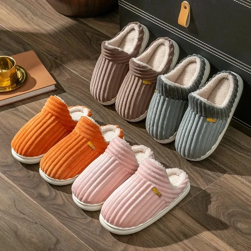 Winter Unisex Concise Solid Color Flat Plush Slippers Non-slip Warm Fluffy Mule Slides For Women Men Home Casual Cotton Shoes ﻿