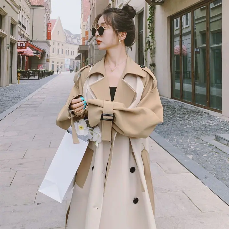 

Women's Plus Size Long Autumn New Style Popular Korean Fashion Windbreaker Slim Fit Waist Splicing Design Sense British Coat G25