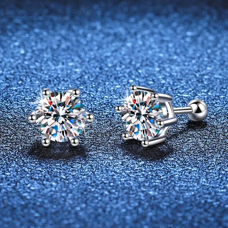 

18K platinum diamond unisex screw thread classic six prongs plated PT950 platinum earrings 1 carat moissanite