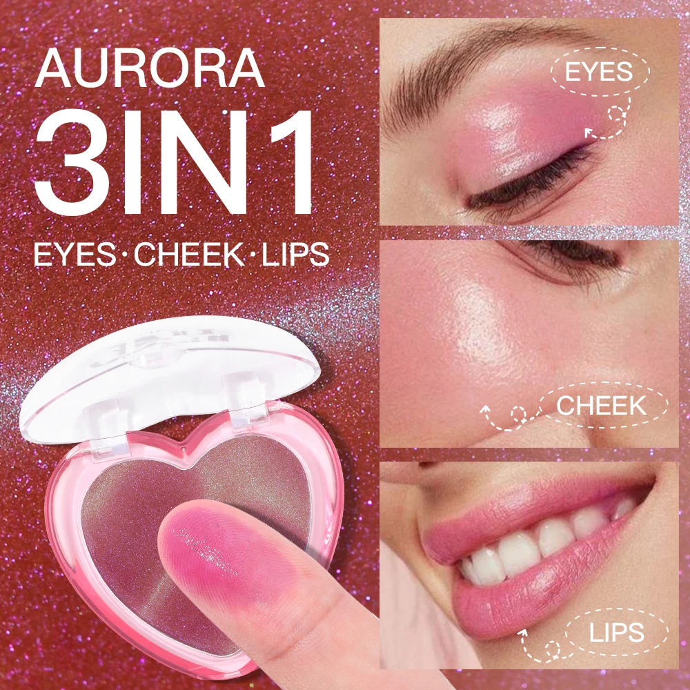 USHAS Rubor que cambia de color de triple función en forma de corazón: producto de maquillaje multiusos para ojos, mejillas y labios.