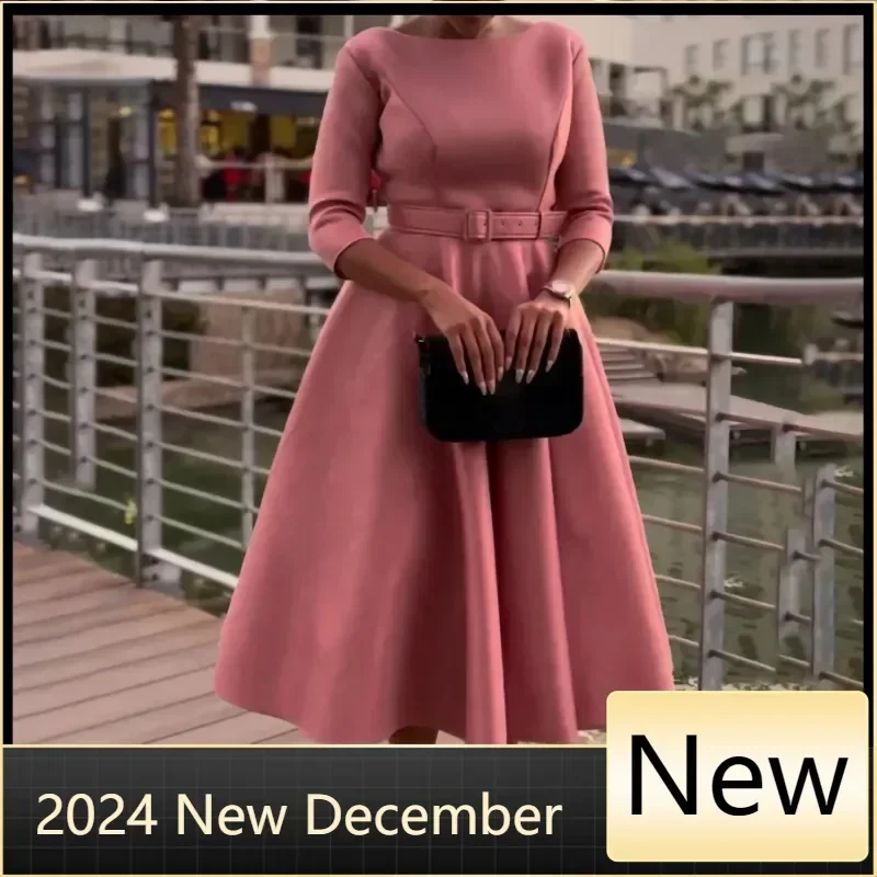 

Customized Women White Dresses Party O Neck Three Quarter Sleeves High Waist A Line Pleated Summer Fashion Evening Birthday Gown