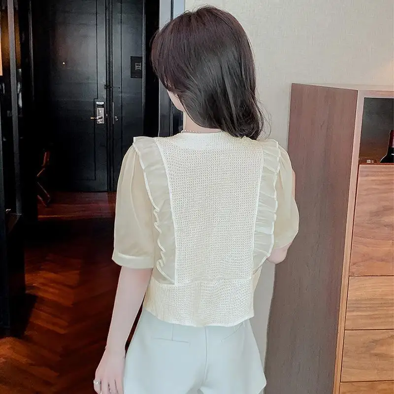 Temperament Korean Summer Solid V-neck Women's Ruffles Puff Sleeve Single Breasted Fashion Short Sleeve Loose Chiffon Shirt Tops