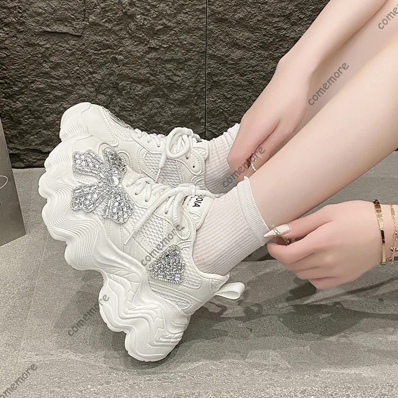 Rhinestone Bow Chunky Platform Sneakers Woman White Mesh Breathable Lace-Up Shoes Bling Crystal Casual Thick Sole Elevator Shoes