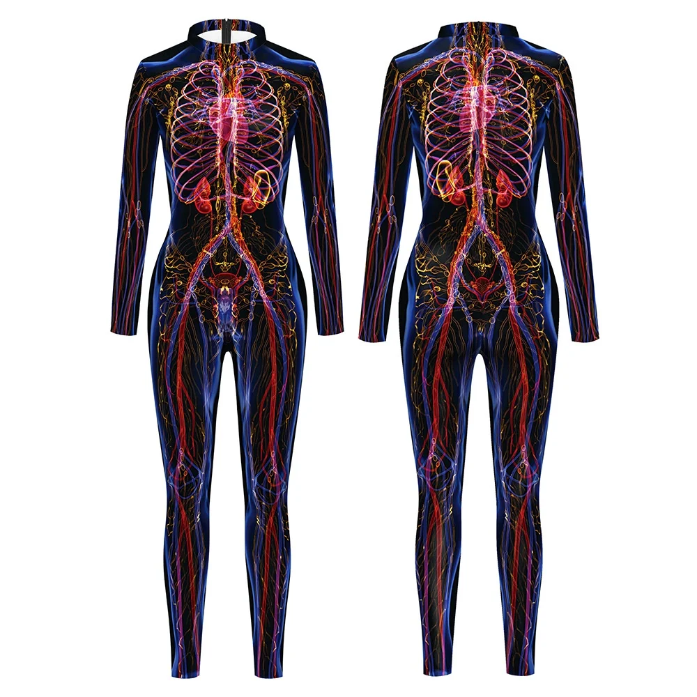 Disfraz de Cosplay de Halloween para hombres y mujeres, mono con estampado 3D de calavera muscular y cuerpo humano, esqueleto