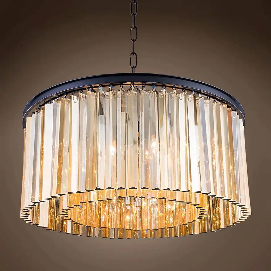 Luminaires Crystal Golden Teak Crystal Prism Grey Iron Chandelier, Hanging Ceiling Light pendant lights