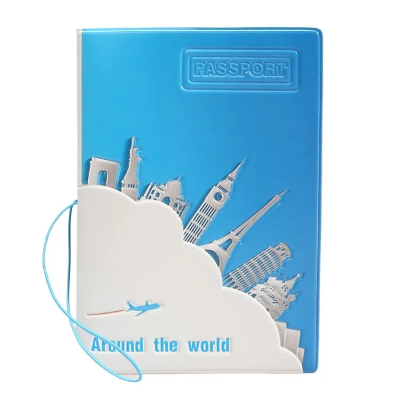 Travel Around The World Passport Holder Blue Famous Building Pattern Passport Cover Case for Men Women with ID Credit Card Slot