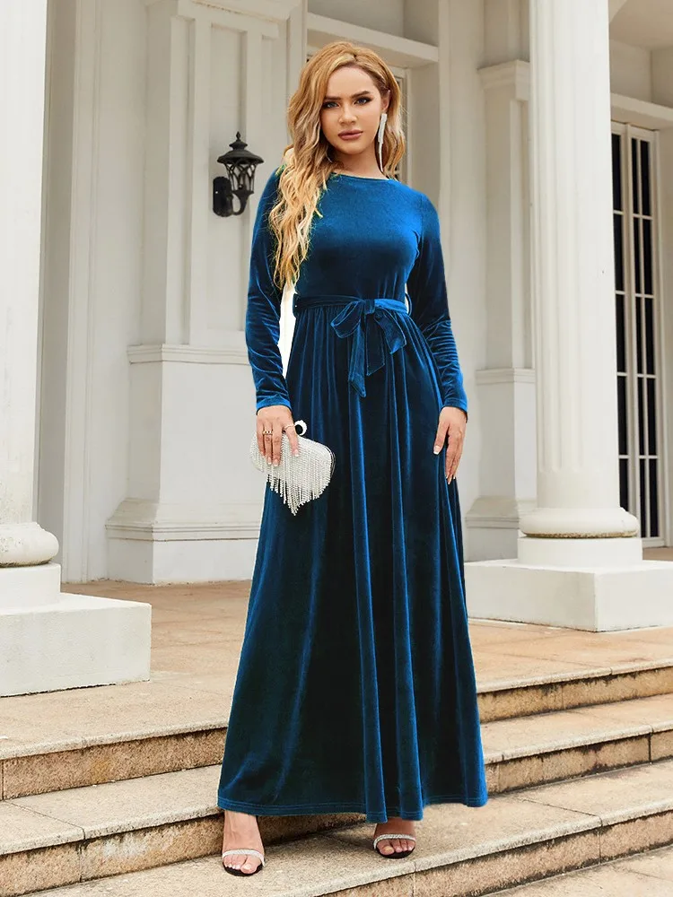 

Spring Autumn Casual Solid Color Long Dress Female Fashion O-neck Long Sleeves Slim Lace-up Skirts Ladies Elegant Party Vestidos