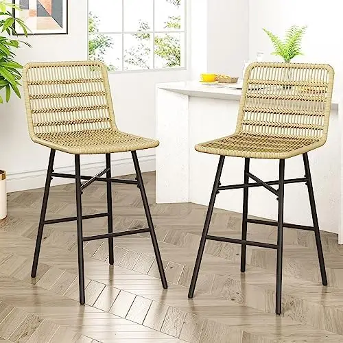 

Stools Set of 2, 27'' Rattan Counter Height Stools, Natural -Woven Rattan Counter Stool Dining Chair Metal Legs, Wicker