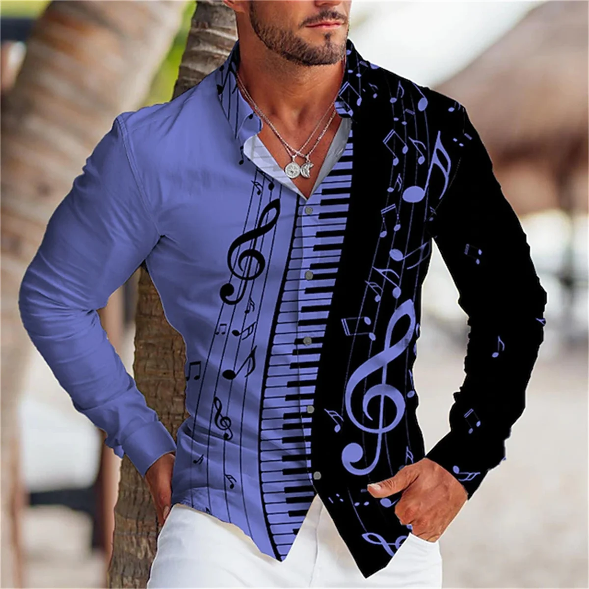 New Men\'s Summer Long Sleeve Shirt Music Printing Design Button T-Shirt Comfortable Elegant Men Shirts Oversized Casual Clothing