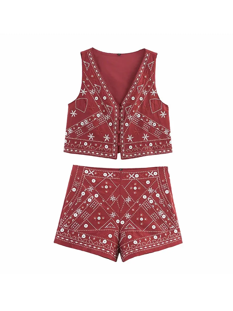 

Женский модный однобортный топ без рукавов с симметричной вышивкой + элегантные шорты трапециевидной формы с высокой талией в этническом стиле