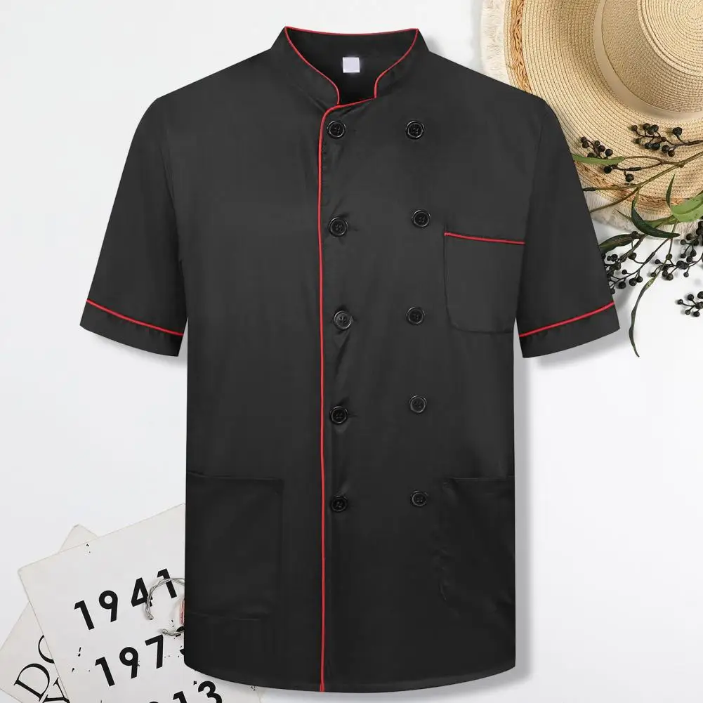 Unisex Stand Collar Short Sleeve Chef Shirt Uniform Double Breasted Restaurant Kitchen Bakery Uniform Cooking Tops with Pocket