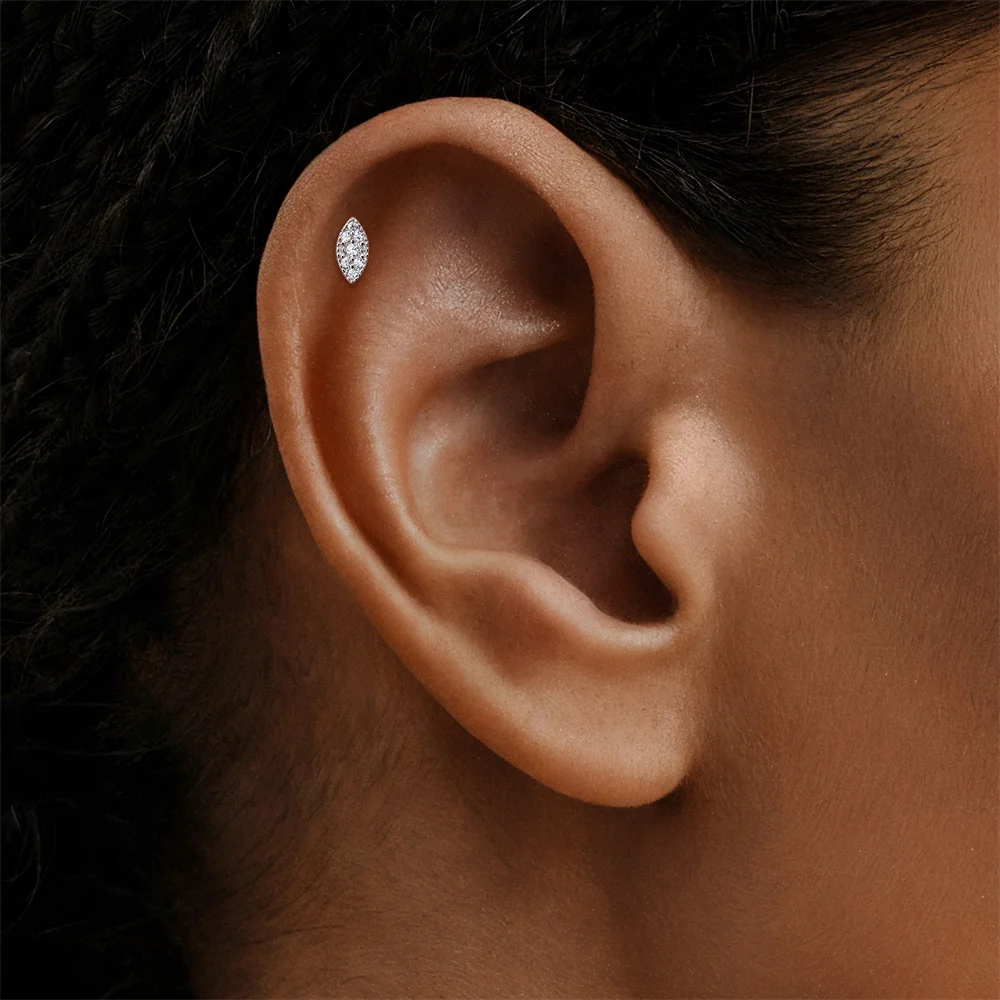 KOJ 1PC 925 Sterling Silver Moissanite Marquise Petal Flat Back Cartilage Stud Earring Dainty Women Fine Jewelry For Party Gift