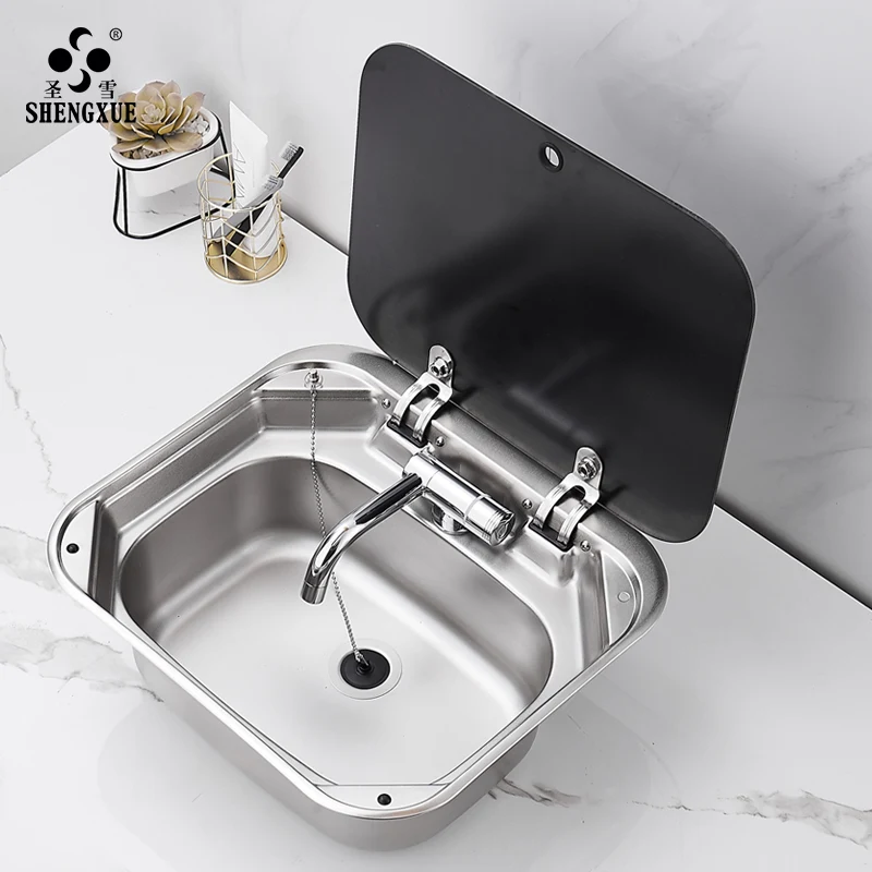 

RV sink folding faucet with cover square flip stainless steel basin single slot rotatable