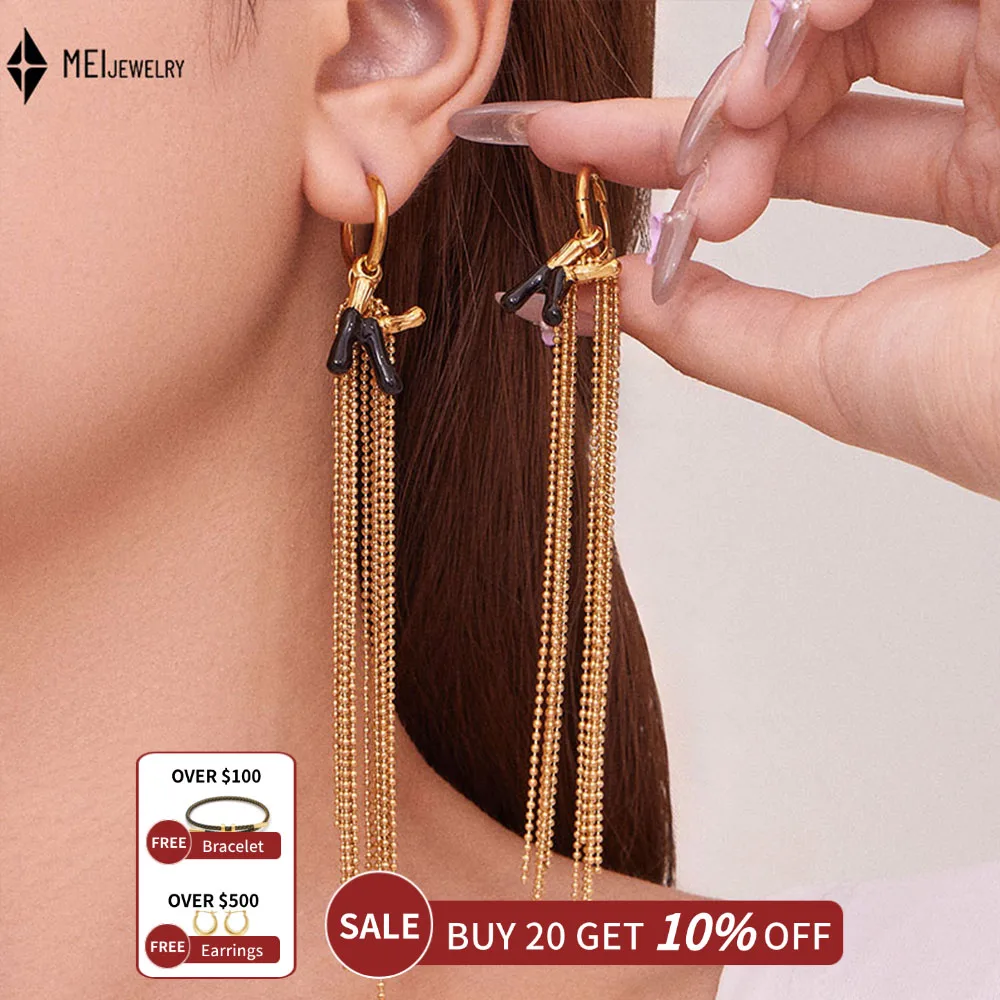Simple Atmospheric Oil Dripping Letter K Round Bead Chain Tassel Ear BuckleFashionable Versatile Stainless Steel Jewelry Earring