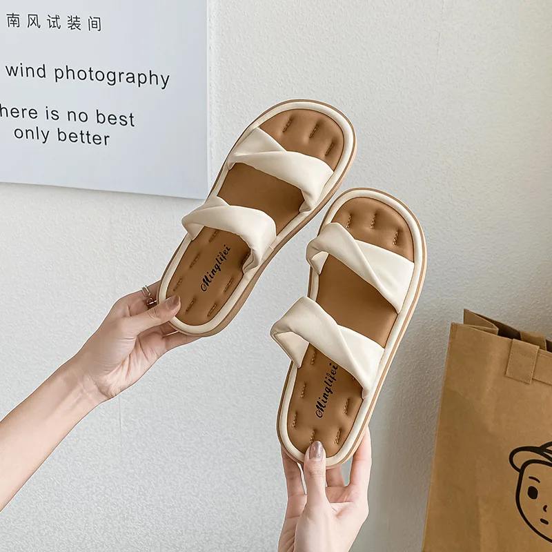 TOPHQWS Fashion Luxury Brand Women\'s Flat Sandals High Quality PU Leather Outdoor Slippers Casual Slip On Summer Platform Sandal