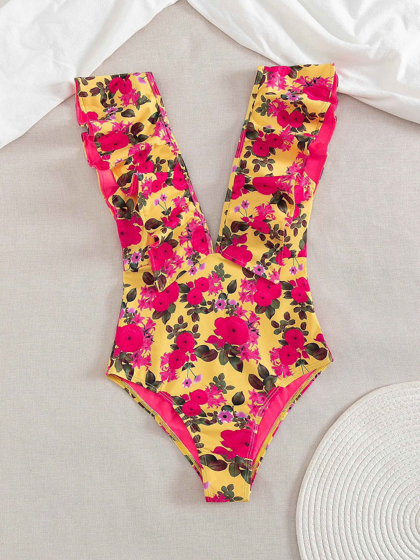 

2025 Sexy Swimsuit Yellow Base with Bold Pink Floral Print Ruffled Straps Perfect for Beach Wear Pool Parties Summer Beachwear