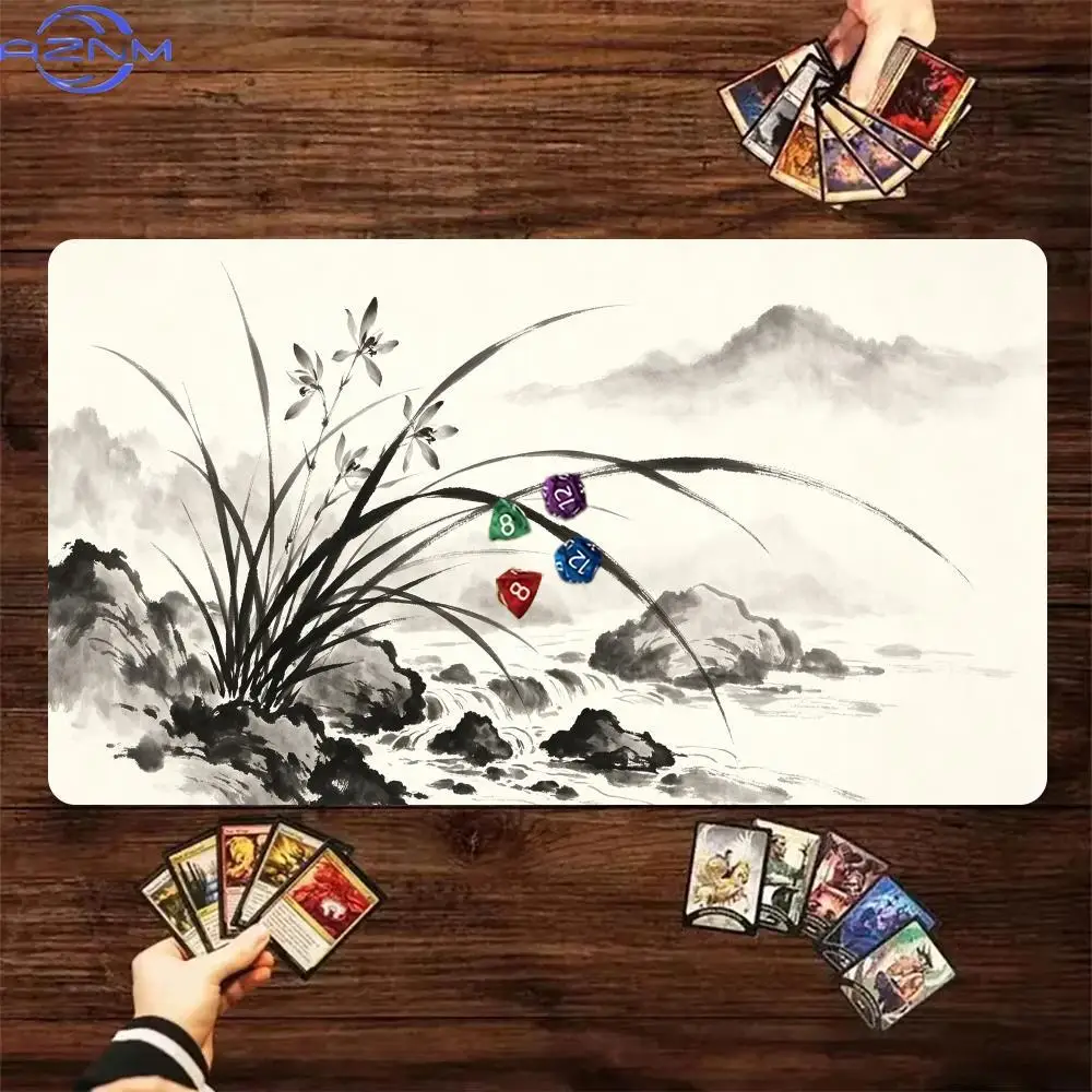 Oriental Chinese Ink Wash Painting Orchid Mountain River Playmat Rubber Non‑Slip Card Game Mat For TCG Board Game Desk Mouse Pad