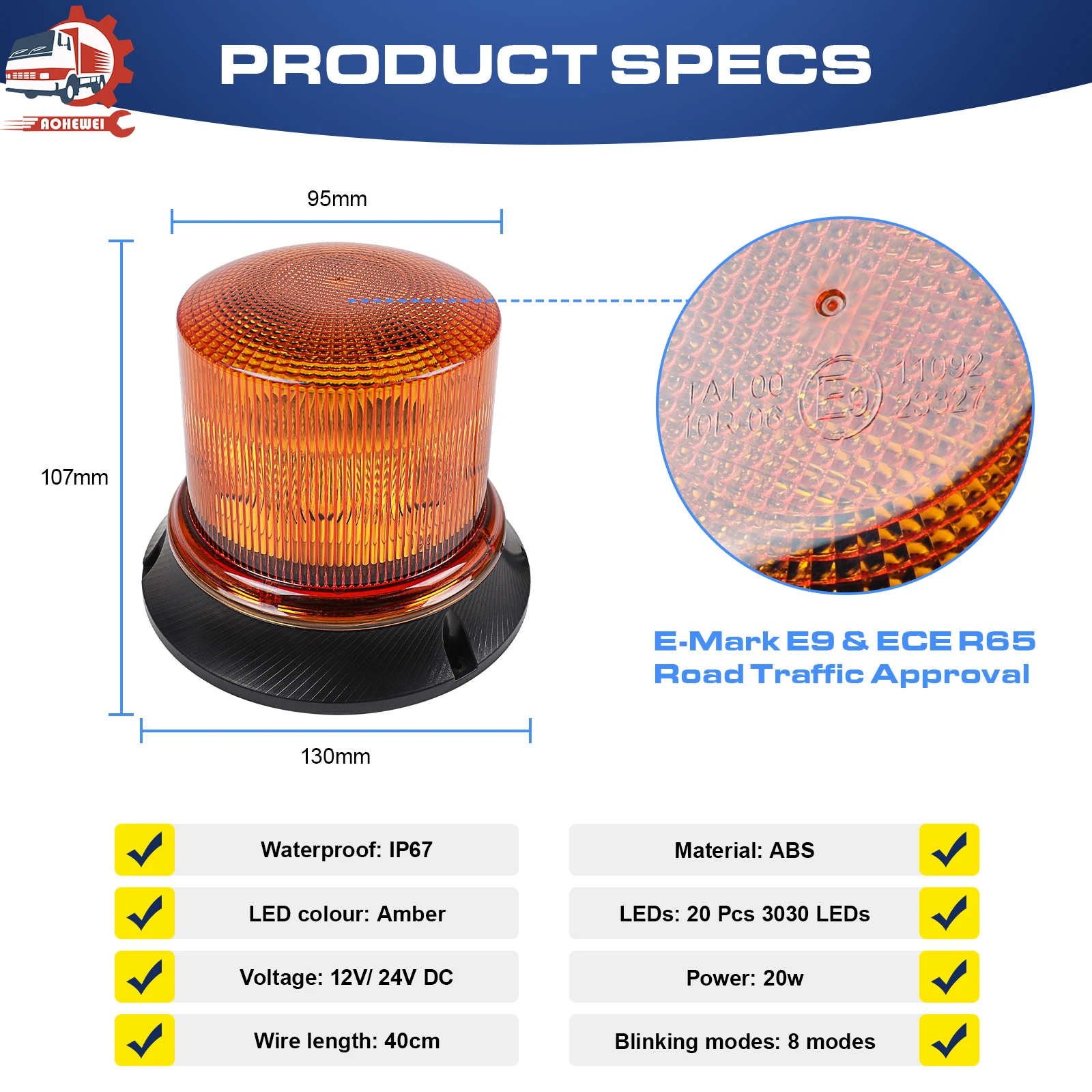 AOHEWEI LED Rotating Flash Beacon Trailer Emergency Safety Warning Lights 8 modes For Tractors Truck Tractor Accessories