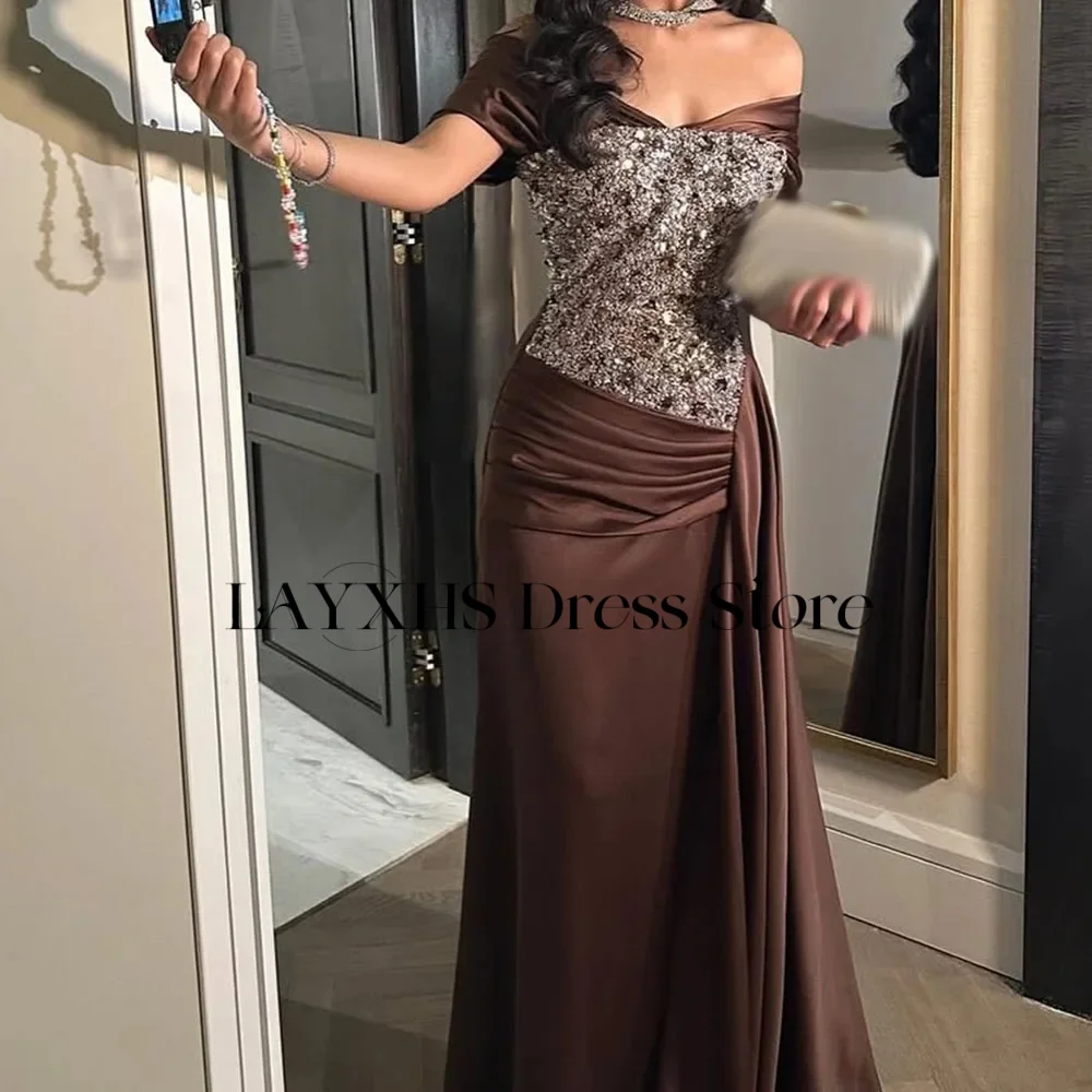 LAYXHS Luxury Off The Shoulder Evening Dresses Mermaid Shiny Beaded Pleat Prom Dresses Customized فساتين سهرات