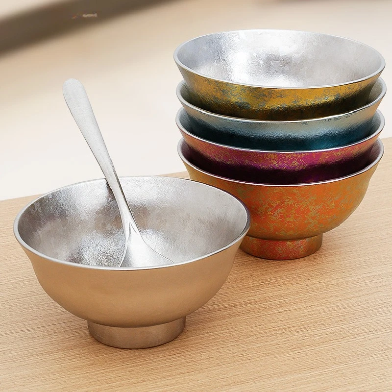 

1PC Pure Titanium Bowl and Spoon Anti-scalding Household Double-layer Large Ice Flower High-foot Vacuum Tableware