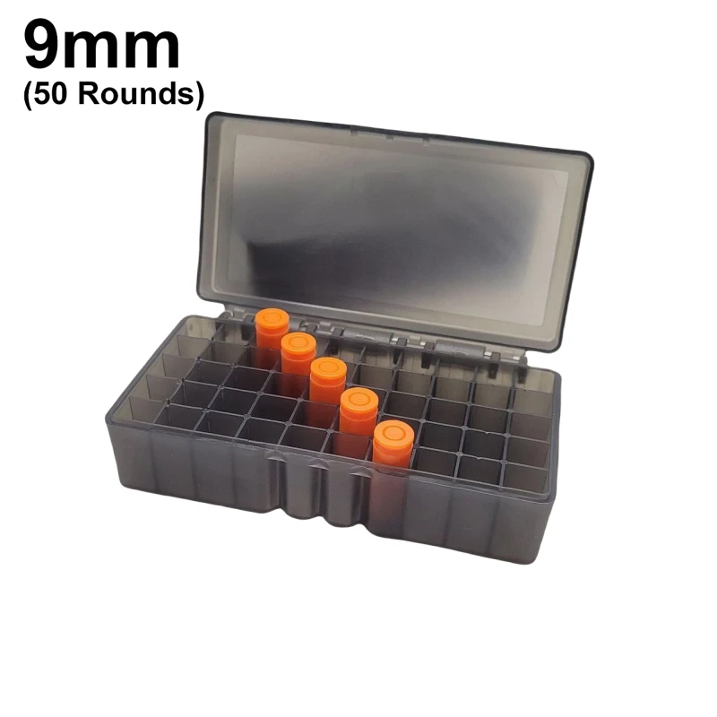 50/100 Rounds Bullet Box Gun Cartridge Shell Holder Portable Ammunition Box Flip-Top for 9mm .223 Ammo Hunting Accessories