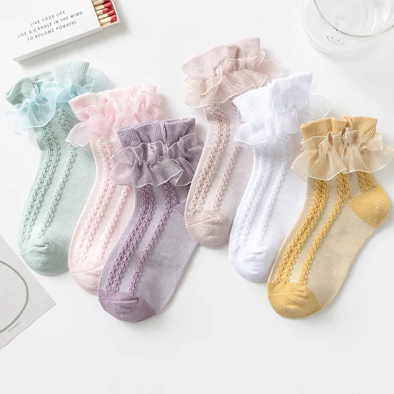 Calcetines de malla transpirables con volantes de encaje para bebé, calcetín de algodón para escuela, princesa para niños, niñas pequeñas, calcetines cortos de baile blancos hermosos