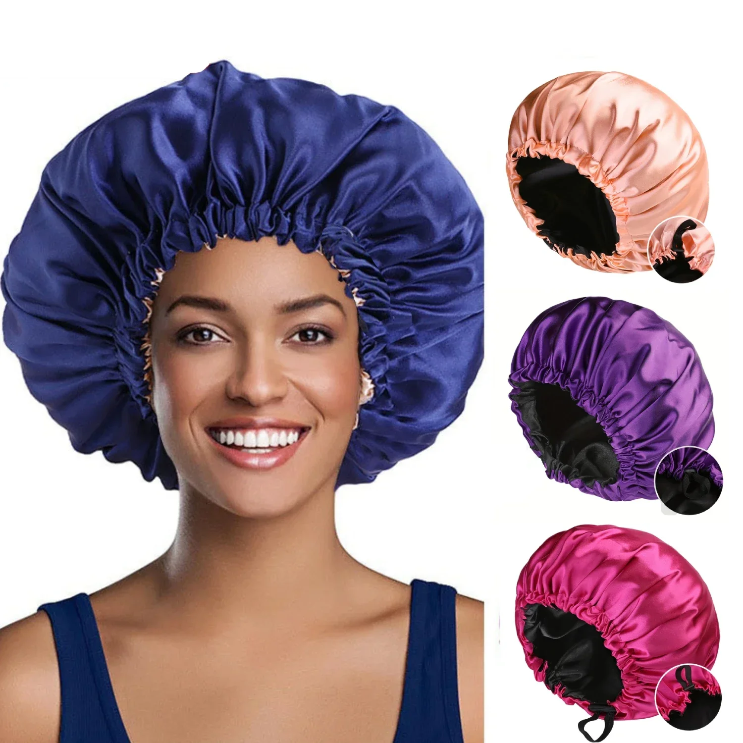 Fashionable Bonnet Solid Color Silky Satin Fabric Elastic Button Double Layer Sleep Hair Hat Women\'s Aily Home Casual Sleep Hat