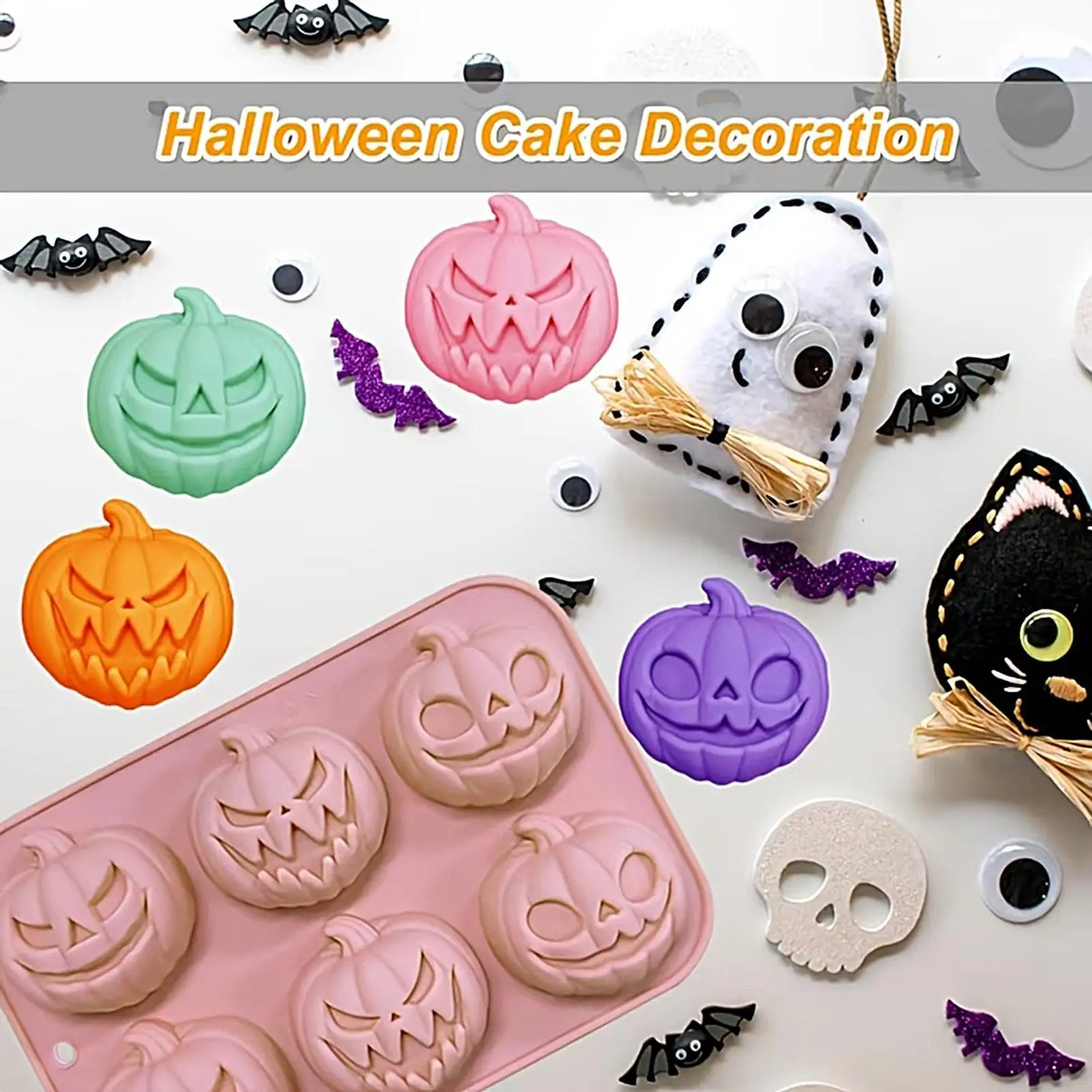 Pumpkin Silicone Mold Halloween 6 Cavity Reusable Flexible Horror Non Stick Ice Mould for Thanksgiving Party Brownies Muffin