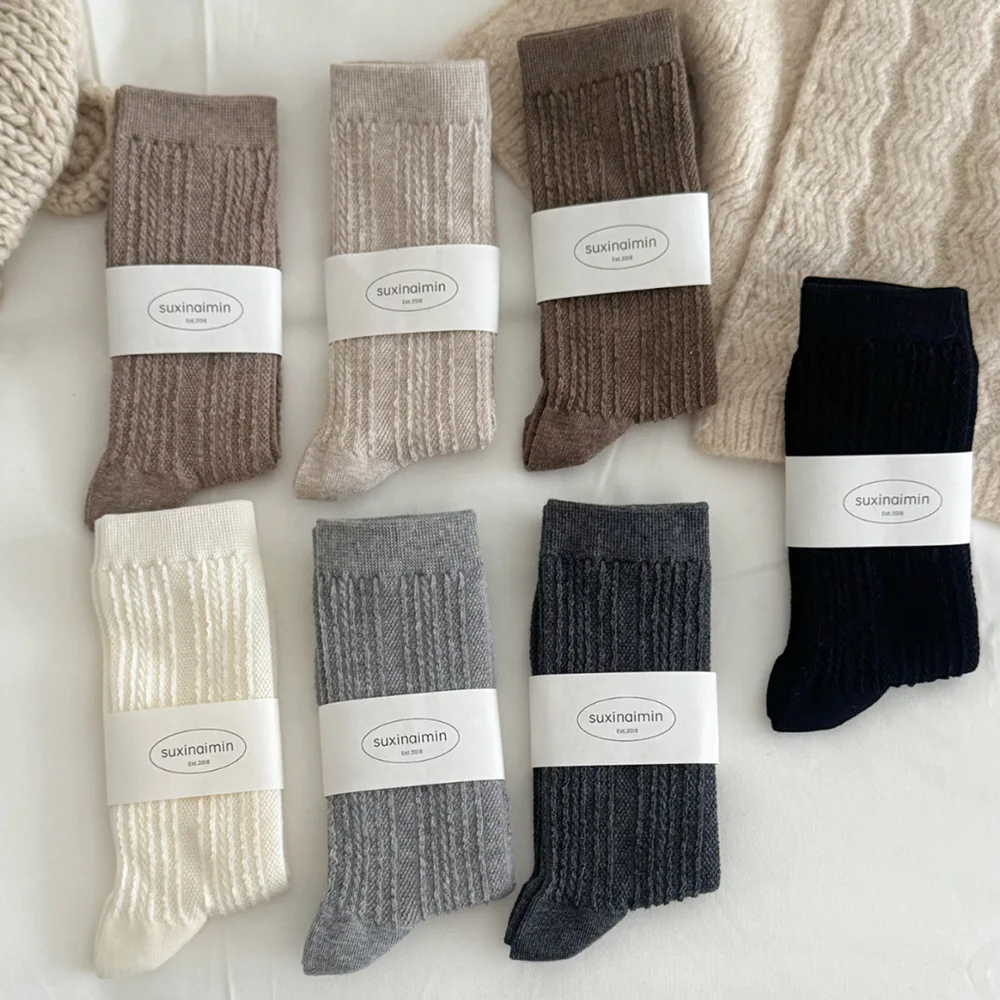1 Pair Solid Color Vertical Ribbed Cotton Slouch Socks for Women Korean Spring Fall Mid-Calf Solid Basic Socks for Schoolgirls