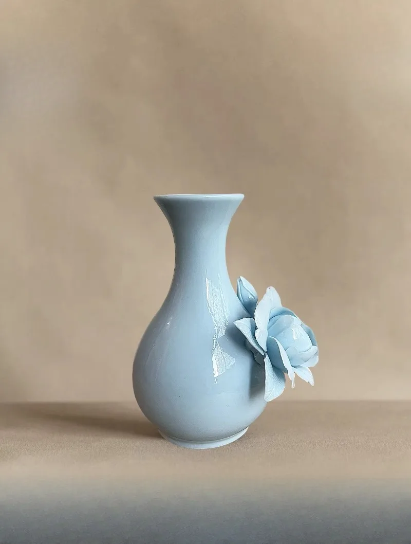Blue peony vase, pure hand-squeezed flower ceramic vase