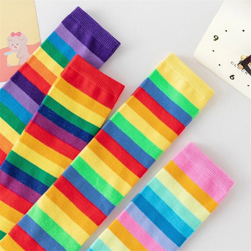 1Pair Cute Rainbow Stripe Children Knee High Socks Breathable Girls Boys Casual Sport Long Tube Socks For Party Daily