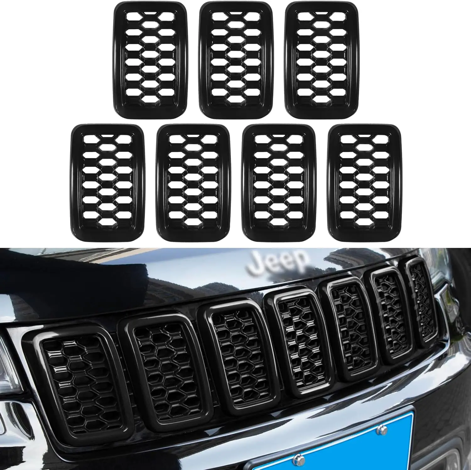 

7pc Grill Inserts Rings Covers For Jeep Grand Cherokee 2017 2018 2019 2020 2021 Honeycomb Grill Mesh Exterior Accessory Covers